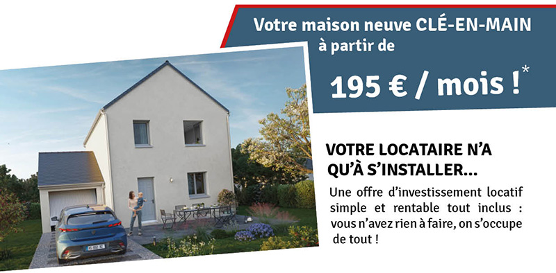 locatif simple et rentable tout inclus, disponible à partir de 195 € / mois*. Ce pack tout-en-un propose l'achat d'un terrain constructible et maison neuve avec aménagements intérieurs et extérieurs, dans un secteur à forte demande locative. Vous n'avez rien à faire, on s'occupe de tout !